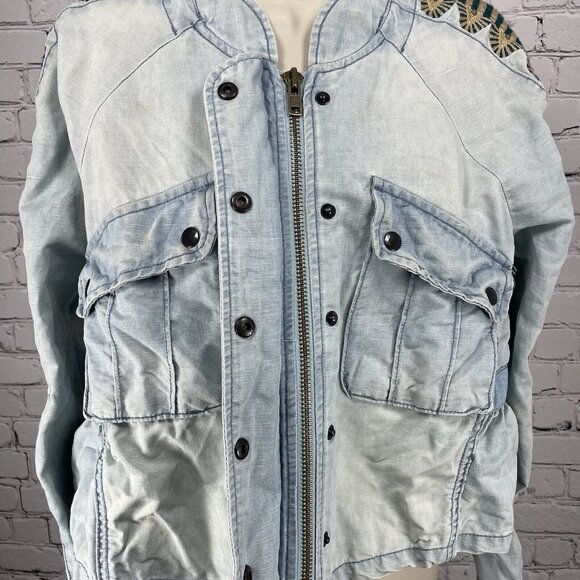Free People Blue Linen Cotton Embroidered Stud Sleeve Light Jacket XS *stained - Picture 14 of 16